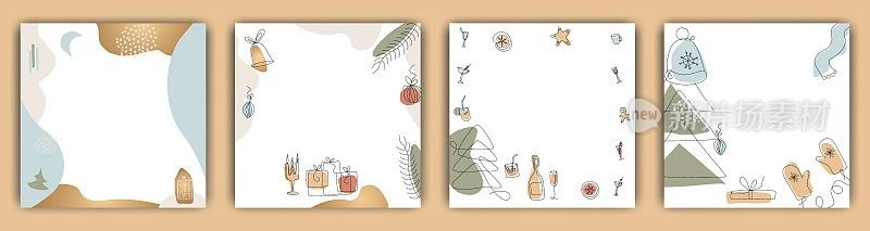Set of Christmas Instagram Post Templates , New Year and winter, modern minimalist art, trend . Fashion illustrations vector,  One line and color shape art, space for text